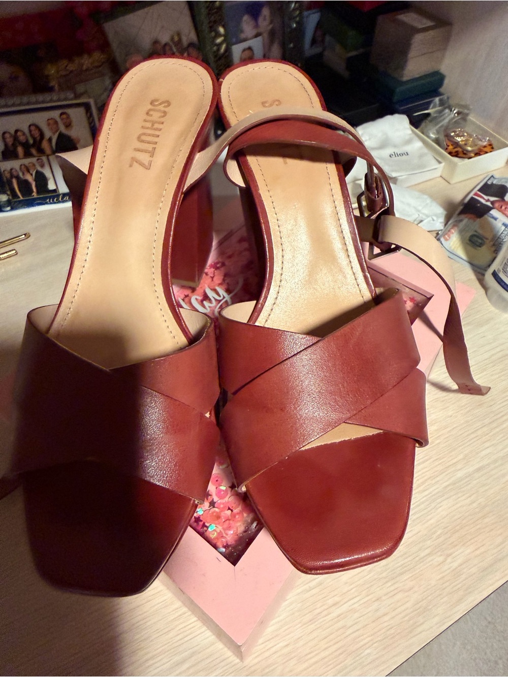 SCHUTZ Rust Brown Leather Cross-Band Block Heel Mules